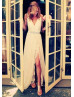 V Neck Ivory Chiffon Lace Split Front Beach Wedding Dress